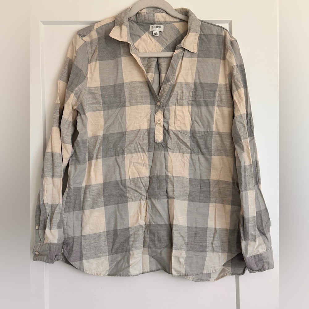 J. Crew Gray and Cream Plaid Button-Up Shirt